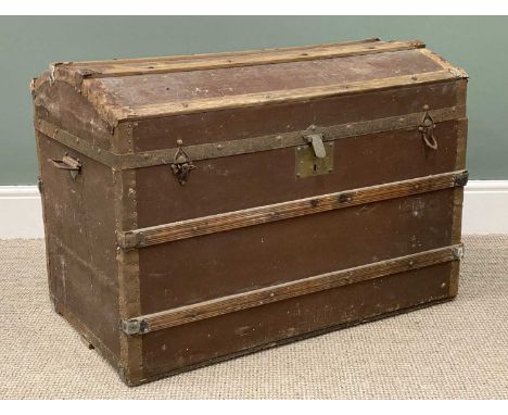 VINTAGE DOMED TOP STEAMER TRUNK, iron strap work, wood strengthening bars, iron carry handles, 63(h) x 87(w) x 54cms (d)Prove