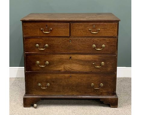 GEORGE IV OAK CHEST, two short, three long pine lined drawers, replacement brass pommels, swan neck handles, corner bracket f
