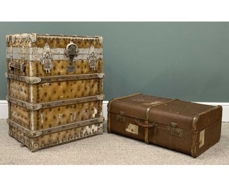 TWO ITEMS OF VINTAGE LUGGAGE, comprising J Eveleigh & Co. Montreal genuine rawhide steel lined sample trunk, wood and metal b