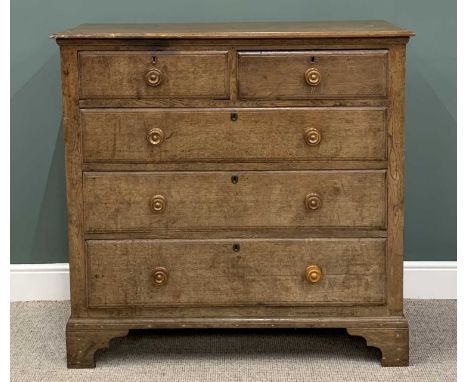 GEORGE IV OAK CHEST, two short, three long pine lined drawers, walnut turned wooden knobs, panel sided, shaped corner bracket