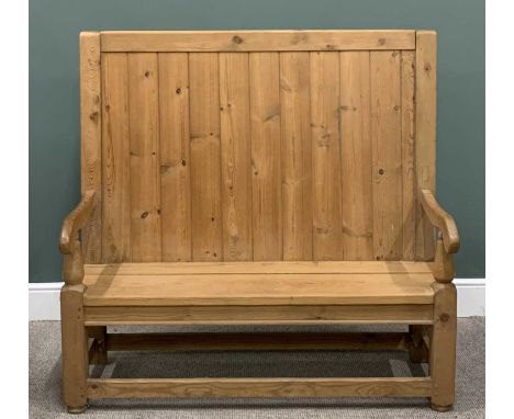 REPRODUCTION PINE SETTLE BACK BENCH, boarded high back, swept arms, turned and block supports, cross stretchers, solid seat, 