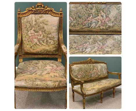 EMPIRE STYLE TWO PIECE GILT WOOD SALON SUITE comprising three seater settee and armchair, fancy crest details, moulded detail