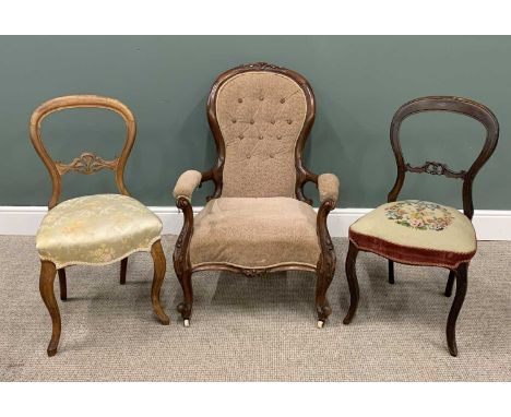 THREE VICTORIAN SALON/PARLOUR CHAIRS, comprising button back upholstered spoon-back arm chair, mahogany framed, carved crest 