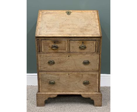 VINTAGE CROSSBANDED WALNUT AND OAK BUREAU, fall front, interior central cupboard, pigeonholes and drawers, two short, two lon