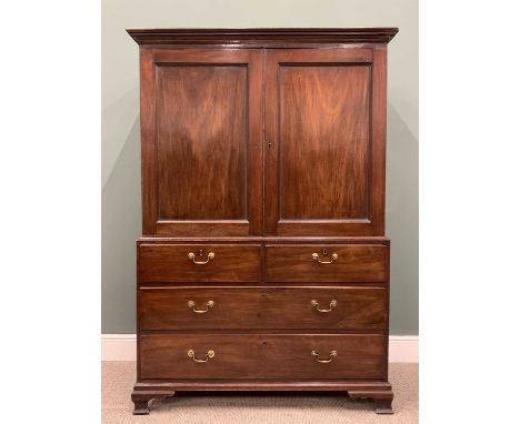 19TH CENTURY MAHOGANY PRESS CUPBOARD, moulded cornice, twin inset panel upper cupboard doors, lacking interior slides, two sh