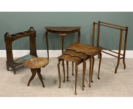 FIVE VINTAGE AND LATER ITEMS OF OCCASIONAL FURNITURE, comprising a shaped top walnut nest of three side tables, 56.5 (h) x 53