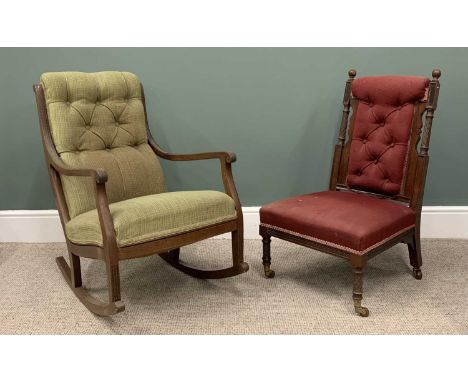 TWO ANTIQUE BUTTON BACK UPHOLSTERED CHAIRS, comprising a Regency mahogany rocker, later re-upholstered, carved feather/leaf d