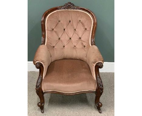 VICTORIAN MAHOGANY BUTTON BACK UPHOLSTERED SALON ARMCHAIR, carved to the crest rail, carved-knurled arm ends and feet, brown 