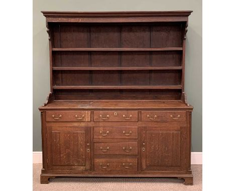 NORTH WALES OAK DRESSER, circa 1840, shape sided plate rack, wide backboards, three shelves, panel sided base, T arrangement 