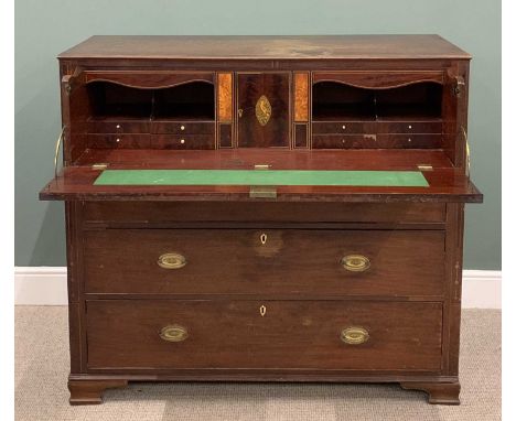 REGENCY INLAID MAHOGANY SECRETAIRE CHEST, button action drop down front, interior drawers, secret drawers flanking a bird inl