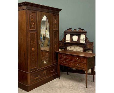 EDWARDIAN INLAID MAHOGANY BEDROOM FURNITURE PARCEL, comprising single door wardrobe with lower drawer, central oval bevel-edg