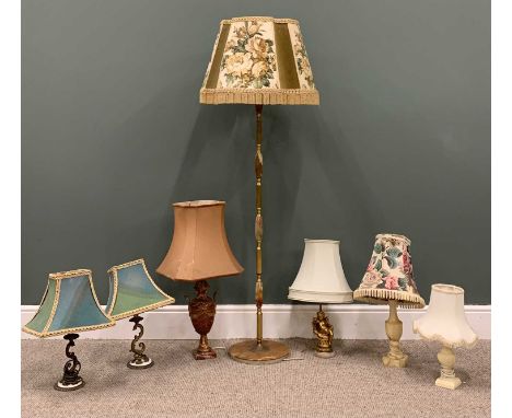 SIX DECORATIVE TABLE LAMPS & AN ONYX & BRASS STANDARD LAMP, carved stone, metal and other compositions, including a pink marb