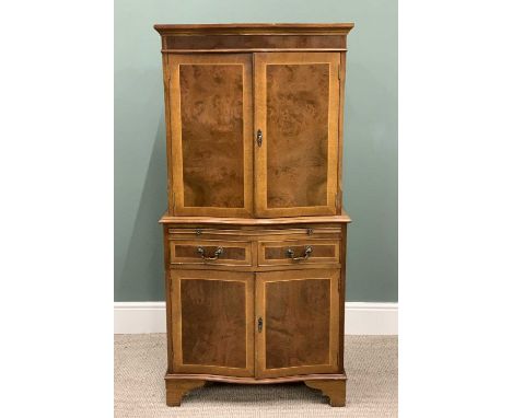 REPRODUCTION BURR WALNUT FRONT COCKTAIL CABINET, serpentine front, twin upper doors, interior glass shelving, central pull ou