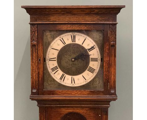 OAK LONG CASE CLOCK, circa 1930, 10.5in square brass dial, silvered chapter ring, Roman numerals, triple weight pendulum driv