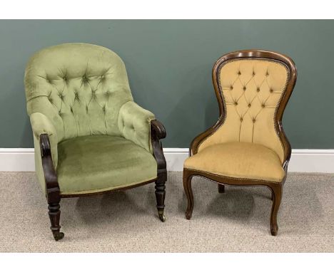 TWO VINTAGE AND LATER BUTTON BACK UPHOLSTERED CHAIRS, comprising a Victorian mahogany frame armchair, scroll end arms, turned