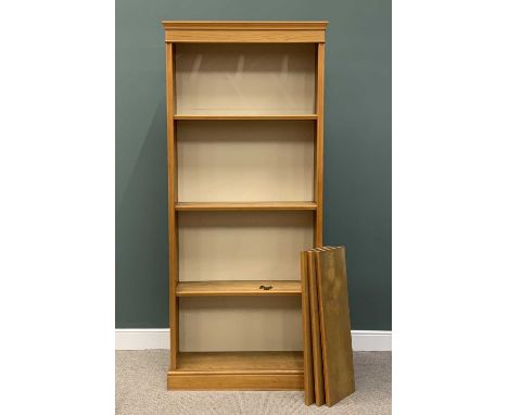 TALL LIGHT WOOD MODERN BOOKCASE, top light apertures, six interior adjustable shelves, plinth base, 241 (h) x 105 (w) x 37cms