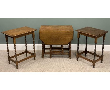 THREE OAK BARLEY TWIST TABLES, comprising twin flap gate-leg dining table, 73 (h) x 76 (l) x 36 (w - closed), 105cms (w - ful