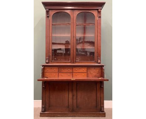 VICTORIAN MAHOGANY SECRETAIRE BOOKCASE, twin arched top glazed upper doors, interior adjustable shelving, button release drop