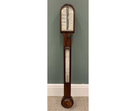 ABRAHAM & CO. LIVERPOOL GEORGIAN MAHOGANY STICK BAROMETER, ivory slip scales, mercury intact, central thermometer, circular c