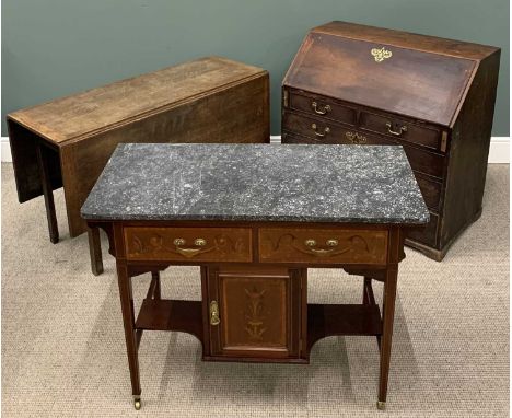 ANTIQUE FURNITURE PARCEL (3), comprising marble top inlaid mahogany wash stand, twin upper frieze drawers, central cupboard, 