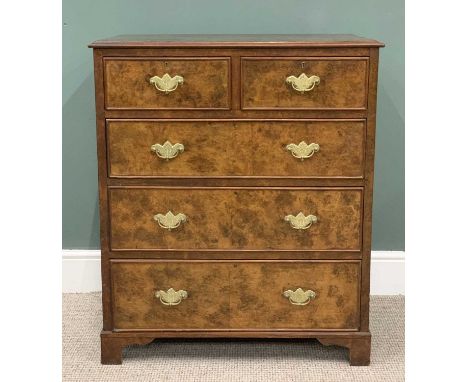 BURR WALNUT CHEST, two short, three long oak lined drawers, cockbeaded edgings, replacement brass backplates and swan neck ha