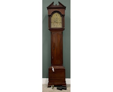 MAHOGANY LONGCASE CLOCK JOHN WALKER NEWCASTLE, circa 1840, slim cased, arched brass dial, Roman numerals, subsidiary seconds,