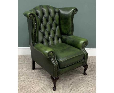 GREEN LEATHER BUTTON BACK WING ARMCHAIR, studded detail, Queen Anne front supports, 107 (h) x 92 (w) x 54cms (d)Provenance: d
