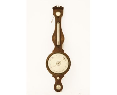 A 19th Century inlaid mahogany wheel barometer, with silvered dial and thermometer, diameter of dial 26cm