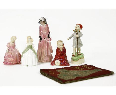Five china figures: 'Thursday's Child Has Far to Go', by Royal Worcester, the others Royal Doulton: HN 1368, 1770, 1793 and 2