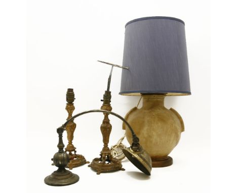 Four table lamps, comprising: a pair of gilt candlesticks, brass adjustable desk light and a  gourd lamp with shade (4)