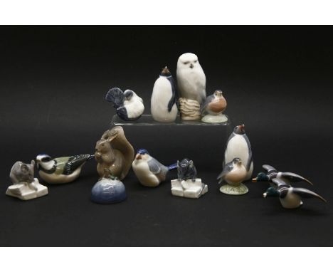 Fourteen Copenhagen ceramic items, including a squirrel, two mice, frog, two penguins, owl, tallest 9cm