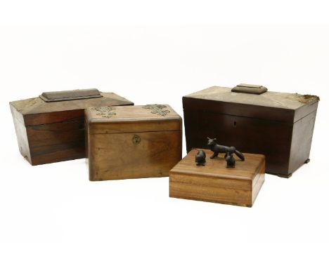 A 19th Century rosewood sarcophagus form tea caddy, 25 x 13 x 14cm, together with a Victorian walnut and brass bound box, a b