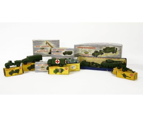 A collection of Dinky toys, 698 Tank Transporter gift set, 971 Coles Mobile Crane, 622 10-Ton Army Truck, 689 Medium Artiller