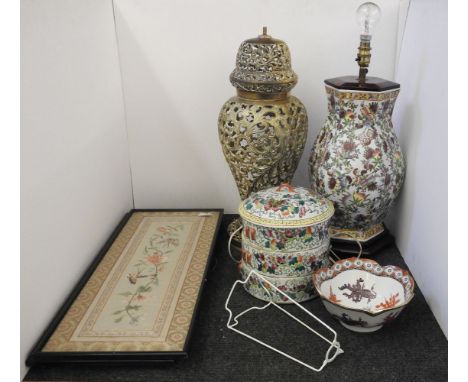 An Oriental polychrome porcelain table lamp, together with three section bowls, an Eastern pierced brass lamp base, other sim