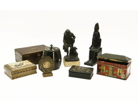 A 19th Century chinoiserie decorated papier mache patch box, together with a collection of various boxes, model of a seated p