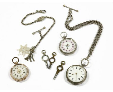 A Continental gold ladies fob watch, with white enamel dial and Roman numerals, marked 9k, and two silver ladies fob watches,