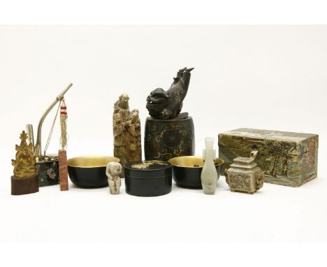 A collection of Oriental items, to include a cloissone jar and cover with modelled acrobat in lion costume, 24cm high, togeth