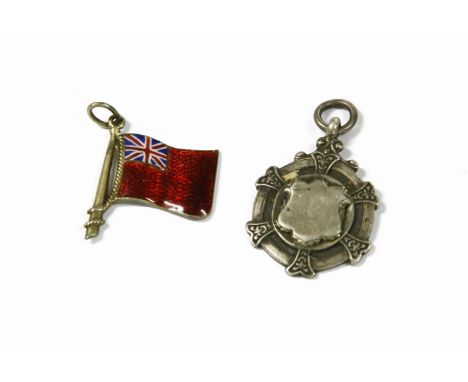 A collection of costume jewellery to include a silver enamel flag pendant, marked 800, and a silver fob with inscription vers