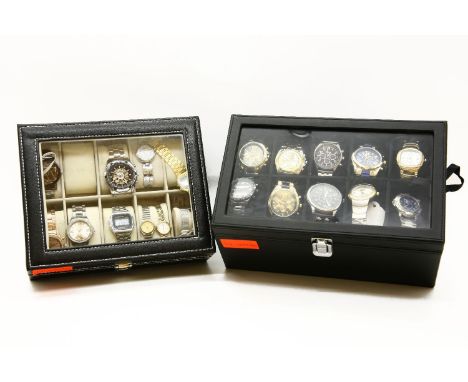 A collection of assorted watches and two leather watch collector boxes to include a gentleman's gold plated Rotary Quartz str