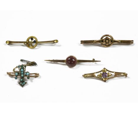 A gold single stone garnet cabochon stick pin (pin not gold), marked 9ct, a gold bar brooch, flower to central circular loop,