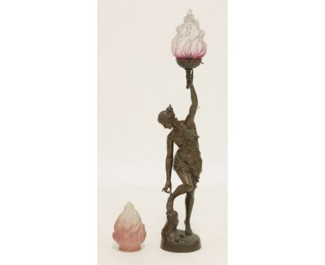 A Victorian bronze figural lamp,the woman holding up a flaming torch and adjusting her shoe, signed 'G Saulo', with two glass