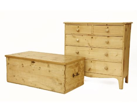 A stripped pine chest of two short and three long drawers, with knob handles and bracket feet, 106cm wide, and a stripped pin