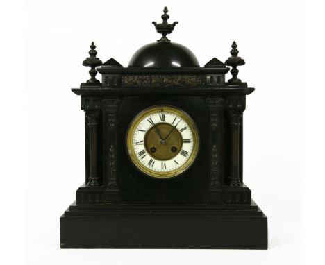 A Victorian black marble mantel clock, with bronze finials, pilasters and columns, 45cm high