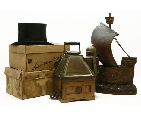 A Dents Improved liquid compass, 40ch high, together with a model of a galleon, two tiles one depicting a man on horseback th
