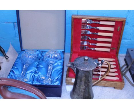A boxed pair Bohemian Glasses with vintage cutlery and silver plated coffee pot 