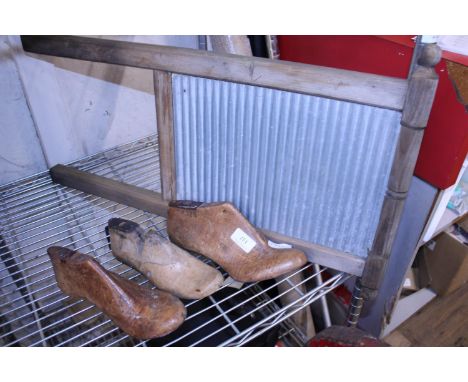 Three vintage wooden shoe lasts and washboard, shipping unavailable 