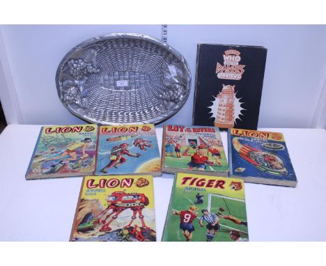 A Aluminium charger and a selection of vintage annuals including Dr Who 