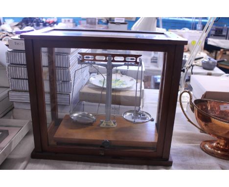 A cased set of vintage chemist scales, shipping unavailable 