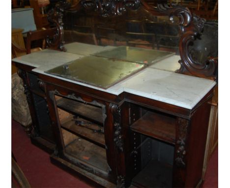 An early Victorian rosewood and white marble topped breakfront mirror back side cabinet (a/f and for restoration, marble surf