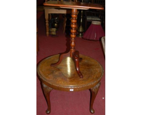 A walnut and figured walnut circular low occasional table, together with a 19th century bobbin turned tilt top tripod table (